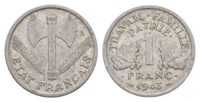 Франция 1 франк 1943 LB, тип LOURDE, правительство Виши KM 902.1, Le Franc 223.3 алюминий 4631-524
