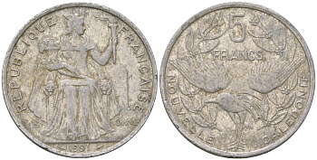 Французская Новая Каледония 5 франков 1991 птица кагу, (IEOM) KM 16, Schoen 12, Lec 79 алюминий 180-1125