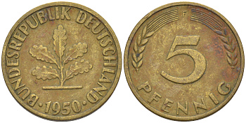 ФРГ 5 пфеннигов 1950 F KM 107, J. 382 сталь плакированная латунью 55-1245