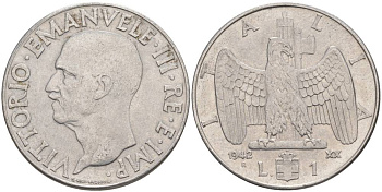 ИТАЛИЯ 1 ЛИРА 1942 R, ГОД XX, ВИКТОР ЭММАНУИЛ III (1900-1946) KM 77b, VEM3. 1102 нержавеющая сталь 3855-436