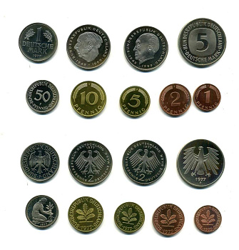 ФРГ набор из 9 монет 1977 F (1, 2, 5, 10, 50 пфеннигов, 1, 2, 2, 5 марок) PROOF N5-23