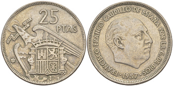 ИСПАНИЯ 25 ПЕСЕТ 1957 (68) ФРАНСИСКО ФРАНКО ДИКТАТОР ИСПАНИИ ( 1939- 1975) KM 787 медно-никель 216-713