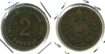 ГЕРМАНИЯ 2 ПФЕННИГА 1875 J, СТАРОГЕРБОВКА KM 2, J.2 медь 701-424