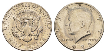 США 1/2 доллара (50 центов) 1972 D, Джон Кеннеди KM 202b медь плакированная медно-никелем aUNC 3855-916