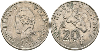 Французская Новая Каледония 20 франков 2011 три быка, (IEOM) KM 12a, Schoen 14a, Lec 115j медно-никель 84-1033