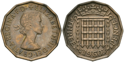 Великобритания 3 пенса 1960 Елизавета II (1952-2022) KM 900, Spink 4153 никель латунь aUNC 4579-157