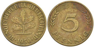 ФРГ 5 пфеннигов 1950 F KM 107, J. 382 сталь плакированная латунью 55-1245