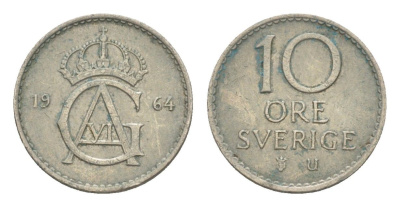 Швеция 10 эре 1964 U, Густав VI Адольф (1950-1973) KM 835 медно-никель 4643-363