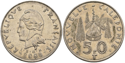 Французская Новая Каледония 50 франков 2008 хижина среди сосен и пальм, (IEOM) KM 13a, Schoen 15a, Lec 128i медно-никель 4111-516