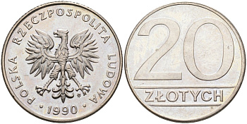 Польша 20 злотых 1990 MW KM 153.2, Parchimowicz 255b медно-никель 4606-943