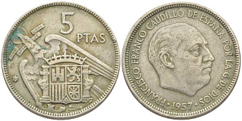 ИСПАНИЯ 5 ПЕСЕТ 1957 (64) ФРАНСИСКО ФРАНКО ДИКТАТОР ИСПАНИИ (1939-1975) KM 787 медно-никель 113-353