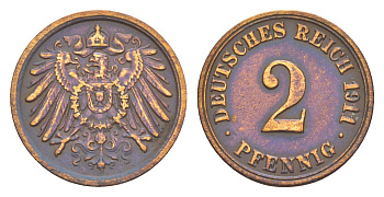 Германия 2 пфеннига 1911 A, Вильгельм II (1888-1918) KM 16, J. 11 медь 4164-262