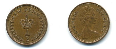 Великобритания 1/2 пенни 1974 Елизавета II (1952-2022) KM 914, Spink 4239 бронза 4110-1716