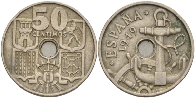 ИСПАНИЯ 50 СЕНТИМО 1949 (51) ФРАНСИСКО ФРАНКО ДИКТАТОР ИСПАНИИ ( 1939- 1975) , МОРСКАЯ АТРИБУТИКА KM 777 медно-никель 216-527