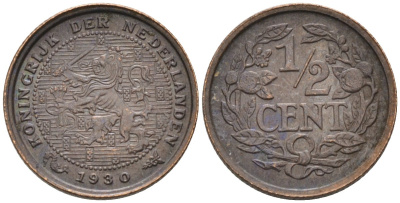 Нидерланды 1/2 цента 1930 Вильгельмина (1890-1948) KM 138 бронза 4576-436