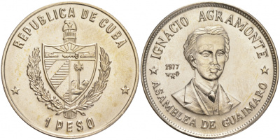 Куба 1 песо 1977 Игнасио Аграмонте (1841-1873) KM 187 медно-никель UNC 1526-224