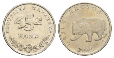 Хорватия 5 кун 2008 бурый медведь, четный год KM 23 медь цинк никель 4573-755