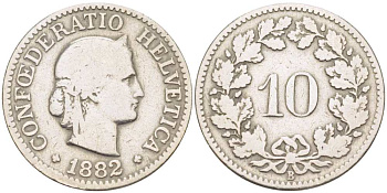 Швейцария 10 раппенов 1882 В KM 27 медно-никель 206-1125