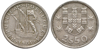 Португалия 2,5 эскудо 1981 KM 590 медно-никель 4176-144