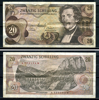 Австрия 20 шиллингов 1967 2 июля 1967, Карл Риттер фон Гега, brown color Pick 142a(1) бумага 8601-3-4-2