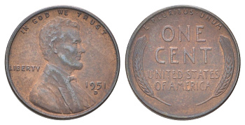 США 1 цент 1951 D, Авраам Линкольн  KM 132 бронза 4625-535