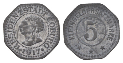 Кобург 5 пфеннигов 1917 Funck 81.1, Men05 4577.1, Men18 5784.1 цинк 4639-139