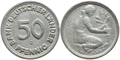 ФРГ 50 пфеннигов 1949 J KM 104, J. 379 медно-никель 4392-1025