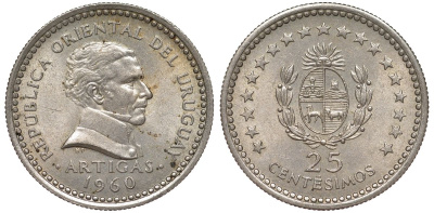 Уругвай 25 сентесимо 1960 KM 40 медно-никель 4580-1146