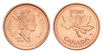 Канада 1 цент 2002 Елизавета II (1952-2022), кленовый лист KM 445 цинк плакированный медью UNC 4630-623