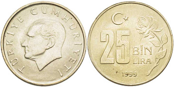 Турция 25000 лир 1999 Мустафа Кемаль Ататюрк KM 1041 медь никель цинк 202-435