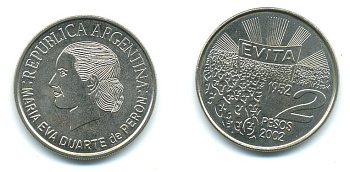 Аргентина 2 песо 2002 Мария Эва Дуарте де Перон KM 135 медно-никель UNC 37-934