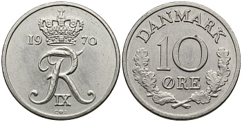 Дания 10 эре 1970 Фредерик IX (1947-1972) KM 849 медно-никель 187-143