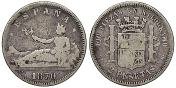 Испания 2 песеты 1870 (73) DE-M KM 654 серебро    4117-512