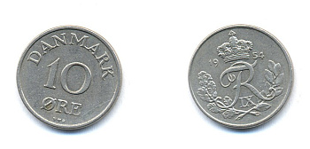 ДАНИЯ 10 ЭРЕ 1954 N; S, ФРЕДЕРИК IX (1947-1972) KM 841.1 медно-никель 51-4344
