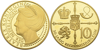 Нидерланды медаль, 10 флоринов 2010 30 лет правления королевы Беатрикс, диаметр 35 мм., позолота бронза PROOFLIKE 4558-934