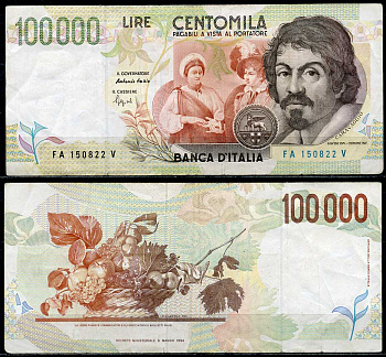 Италия 100000 лир 1994 Караваджо, фруктовая корзина, Fazio, Speziali Pick 117 a  бумага   8615-7-3-2