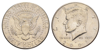 США 1/2 доллара (50 центов) 2001 D, Джон Кеннеди KM A202b медь плакированная медно-никелем aUNC 4517-334