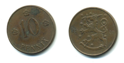 Финляндия 10 пенни 1920 республика (1918-1962) KM 24 медь 36-136