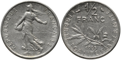 Франция 1/2 франка 1965 сеятель KM 931, Le Franc 198.3 никель 4576-1158