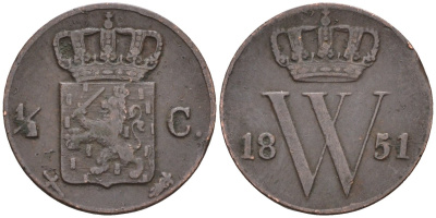 Нидерланды 1/2 цента 1851 Виллем III (1849-1890) KM 90 медь 4585-745