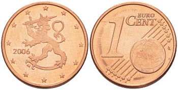 ФИНЛЯНДИЯ 1 ЕВРОЦЕНТ 2006 M KM 98 сталь плакированная медью UNC 214-315