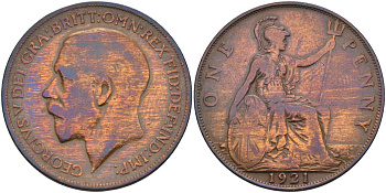Великобритания 1 пенни 1921 Георг V (1910-1936) KM 810, Spink 4051 бронза 4117-814