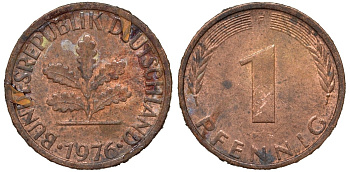 ФРГ 1 пфенниг 1976 F KM 105, J.380 сталь плакированная медью 4174-447