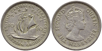 Британские Восточно-Карибские территории 10 центов 1959 Елизавета II (1952-2022), парусник KM 5 медно-никель 4387-665