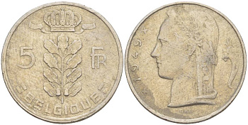 Бельгия 5 франков 1949 Леопольд III (1934-1950), Belgique KM 134.1 медно-никель 4546-314