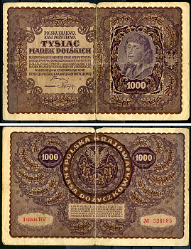 Польша 1000 марок 1919 23 августа 1919, I серия, портрет Костюшко, серия BV Pick 29 (1) бумага    6287-30-1