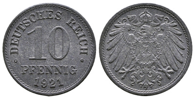 Германия 10 пфеннигов 1921  KM 26 J. 299 цинк  4610-823