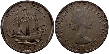Великобритания 1/2 пенни 1957 Елизавета II (1952-2022) KM 896, Spink 4158 бронза 51-2045