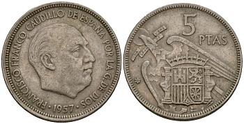 Испания 5 песет 1957 (67) Франсиско Франко (1939-1975) KM 786 медно-никель 186-645