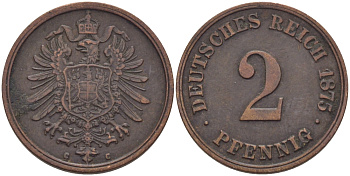 ГЕРМАНИЯ 2 ПФЕННИГА 1875 G, СТАРОГЕРБОВКА KM 2, J.2 медь 100-315
